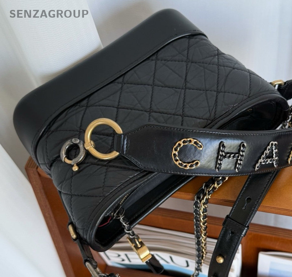 Chanel Gabrielle PM Chain Shoulder Bag Black Gold Diamond Women Classic Fashion