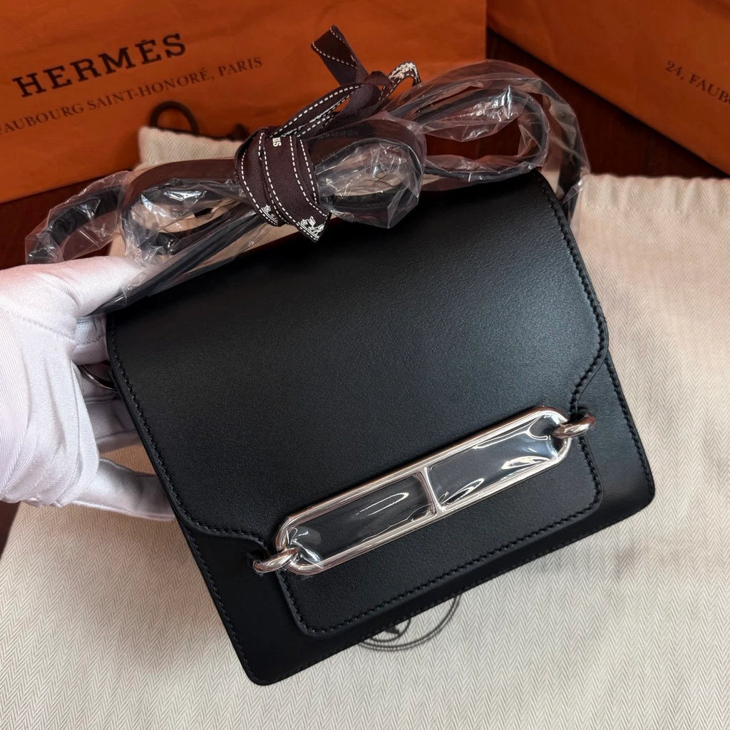 Hermes Roulis Mini Evergrain Leather Shoulder Crossbody Black Silver Women
