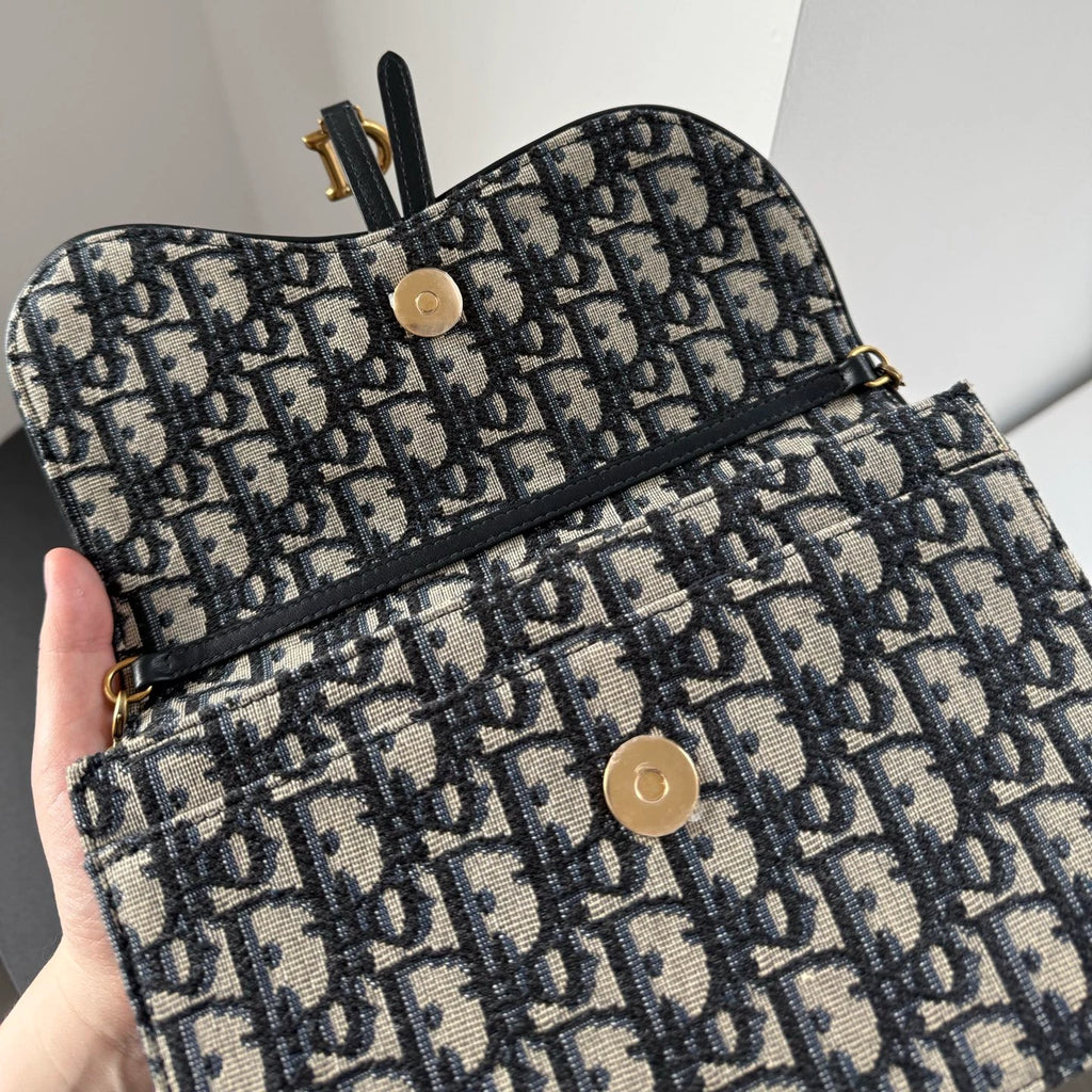 Dior Saddle Canvas Gold Blue Shoulder Bag Chain Bag Excellent