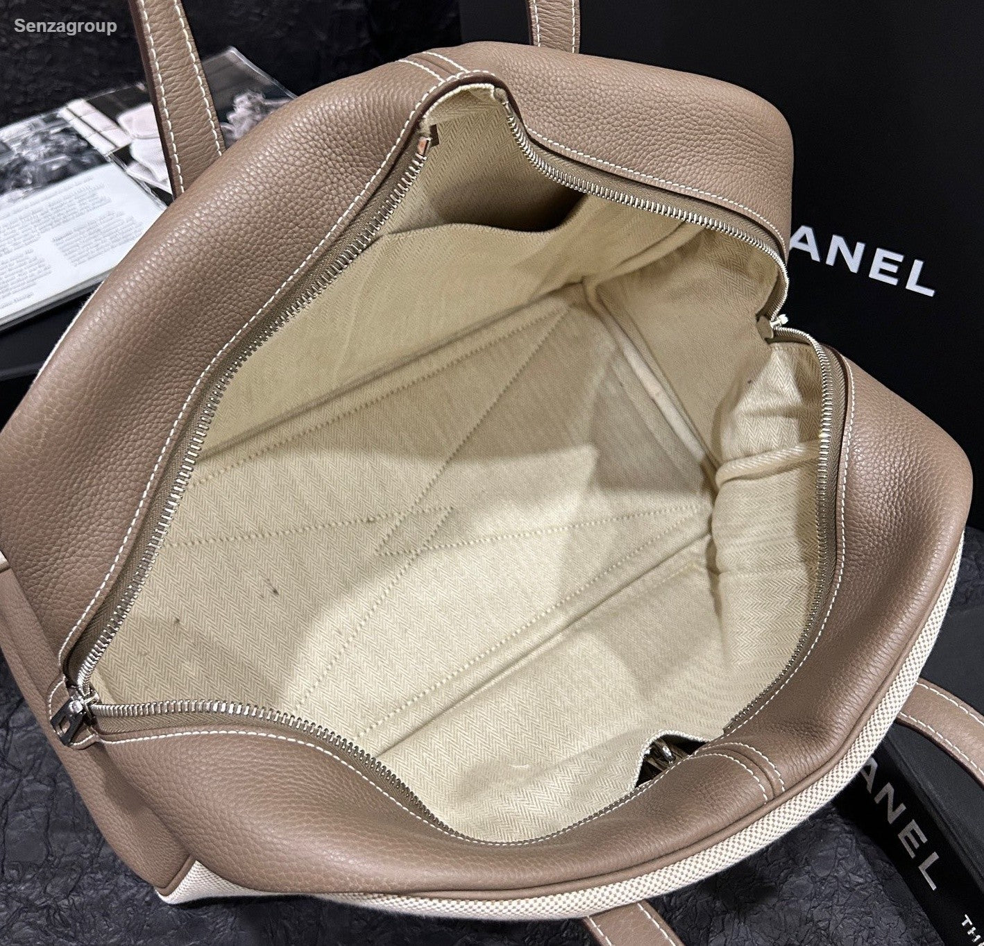 Hermes Victoria35 Top Handle Bag Canvas Beige Brown Silver Used Women Classic