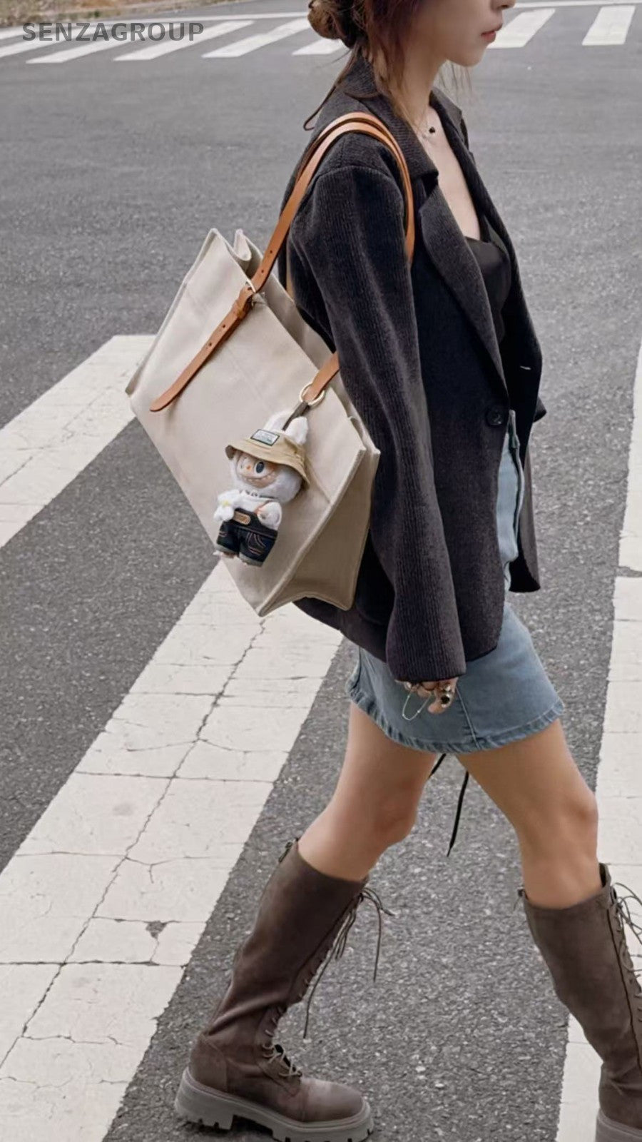 Hermes Etriviere Tote Beige Canvas with golden-brown leather shoulder strap