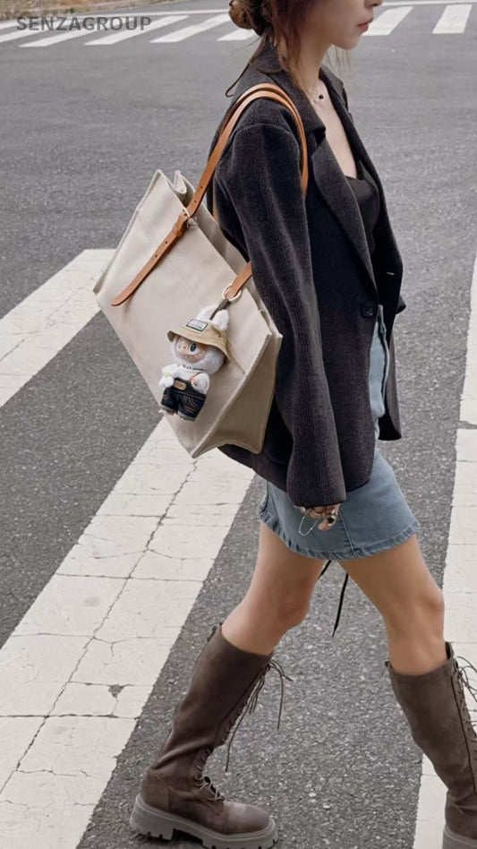 Hermes Etriviere Tote Beige Canvas with golden-brown leather shoulder strap