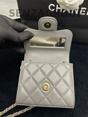 Chanel Lambskin Grey Quilted Chain Shoulder Bag - Gold Hardware