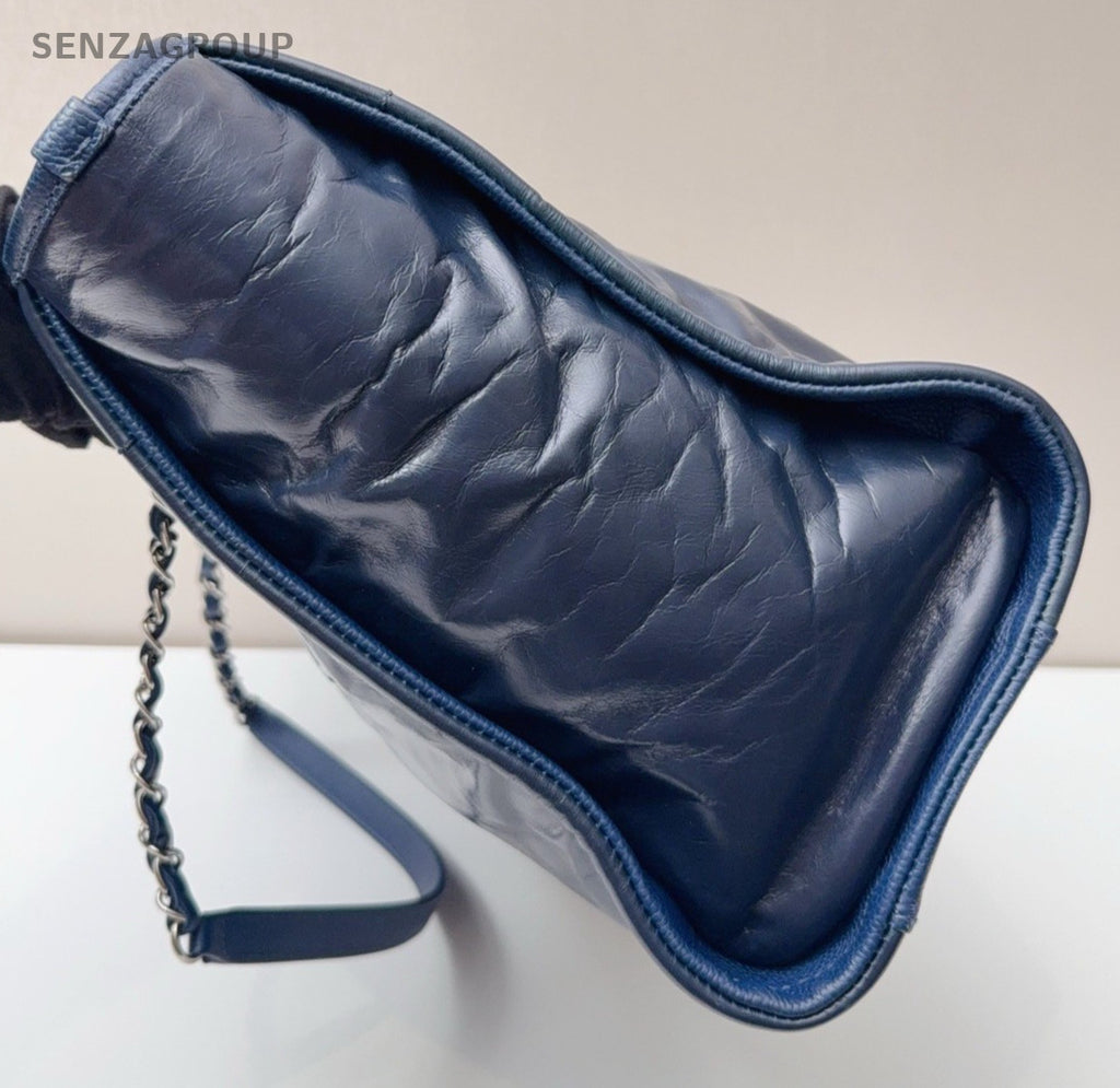 Chanel Deauville Calfskin Tote Chain Shoulder Bag Blue Silver Women Classic