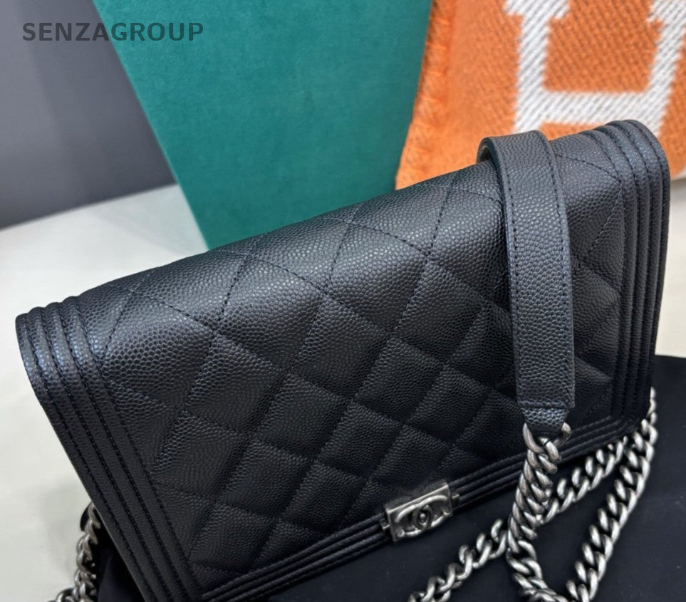 Chanel Leboy WOC Chain Calfskin Shoulder Bag Crossbody Black Silver Women