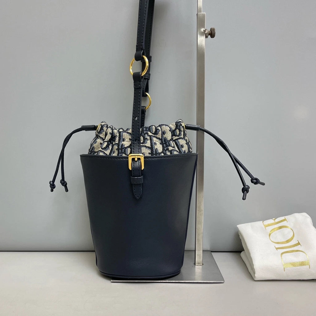 Authentic Christian Dior Montaigne Bucket Mini Shoulder Bag Black Gold Hardware
