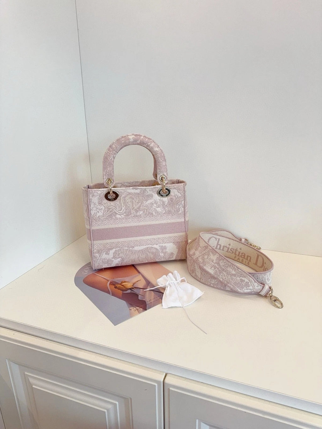 Dior Pink Canvas Embroidered Lady D-Lite Top Handle Bag Women