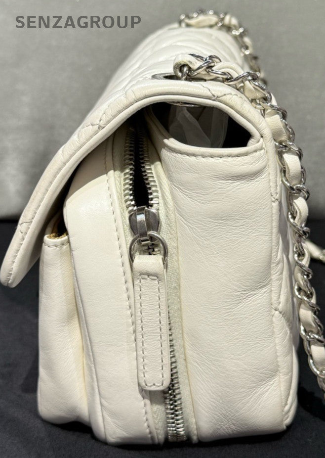 Chanel Classic Flap Chain 2Way Shoulder Bag Crossbody White Silver Diamond