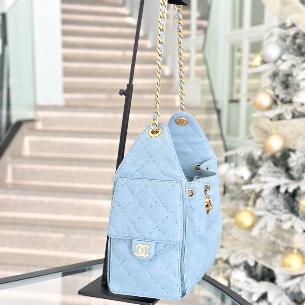 Chanel 25Bag PM Calfskin Chain Shoulder Bag Blue Gold Hardware Women S
