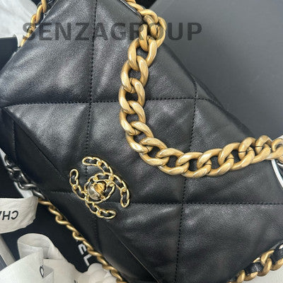 Chanel 19 Small Black Gold Lambskin Quilted Chain Shoulder Crossbody Bag
