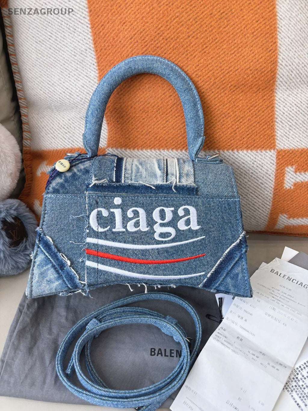 Balenciaga Hourglass Denim Top Handle 2WAY Shoulder Handbag Women Blue