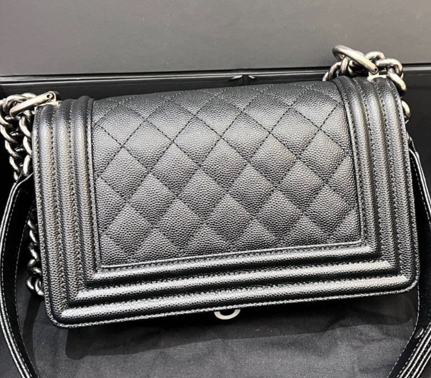 Chanel Leboy PM Chain Shoulder Bag Crossbody Black Silver Diamond Classic Women