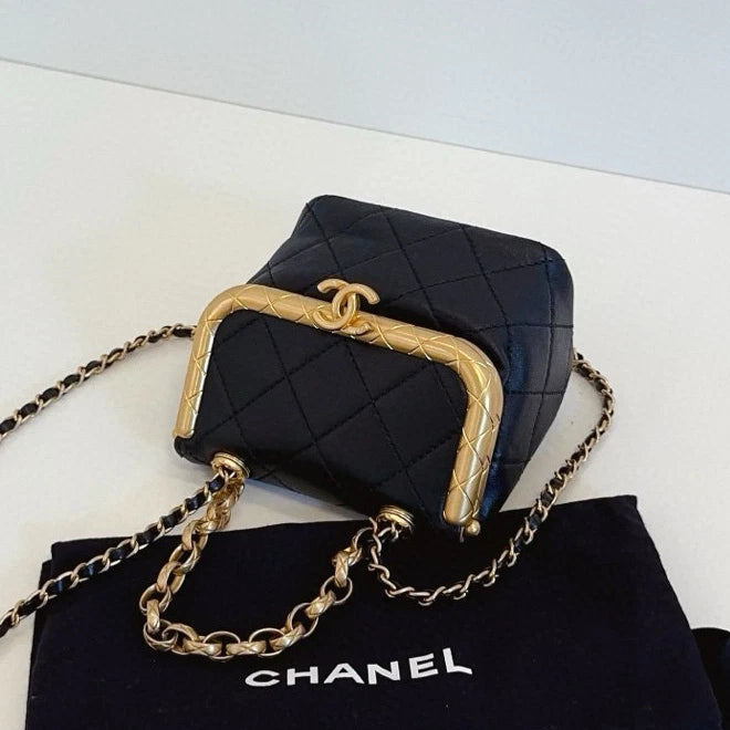 Chanel Kiss Lock Mini Chain Top Handle Crossbody Black Gold Women Classic
