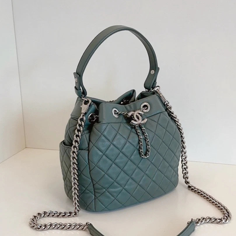 Chanel Diamond Drawstring Bucket Top Handle Shoulder Bag Green Silver Women