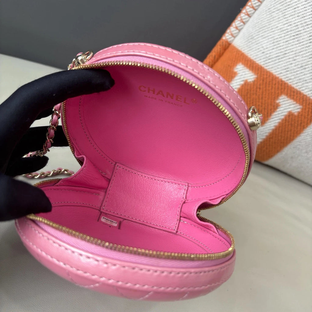 Chanel Diamond Chain Round Bag Crossbody Pink Gold Used Women Classic