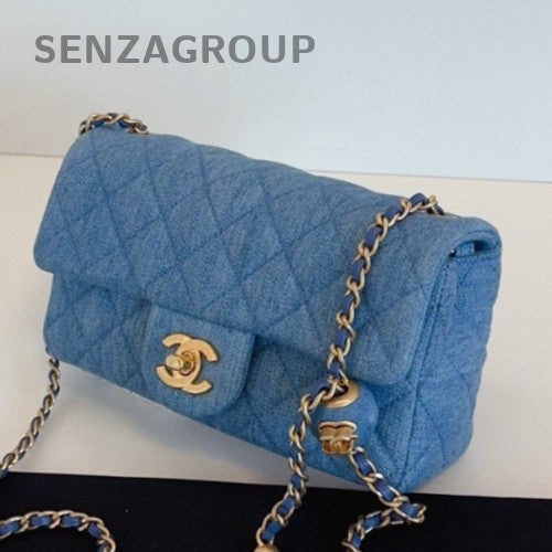 Chanel Classic Flap Mini Chain Shoulder Bag Crossbody Blue Gold Women Fashion