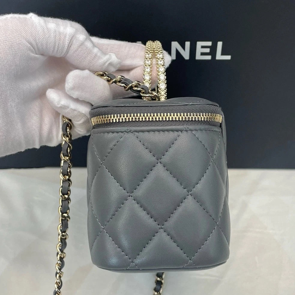 Chanel Long Box Gold Chain Gray Top Handle Crossbody Chip Version Excellent