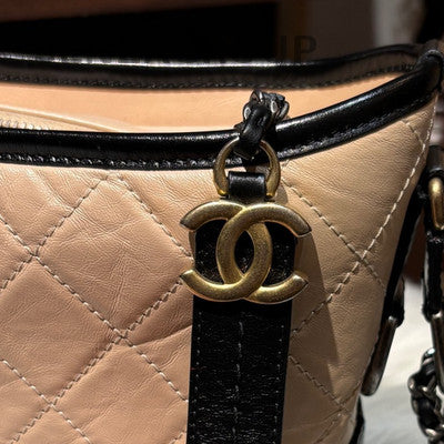 Chanel Beige & Black Small Gabrielle Hobo Bag Quilted Chain Shoulder Bag