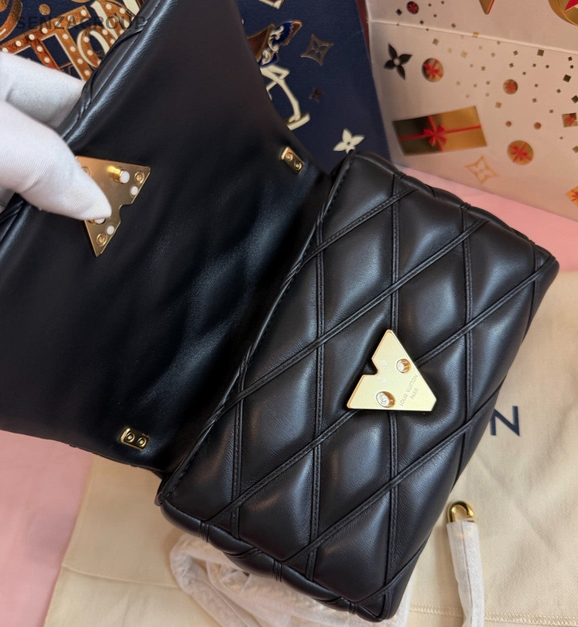 Louis Vuitton GO-14 MM Top Handle Bag Chain Crossbody Black Gold Women Classic