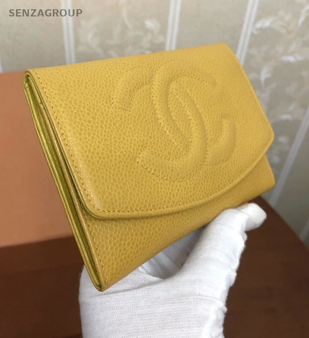 CHANEL CC Logo Wallet Caviar Women Yellow