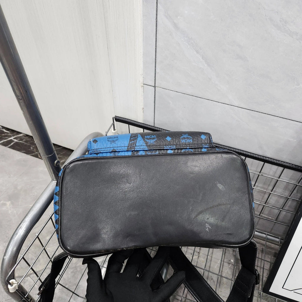 MCM Canvas Coated Black Blue Graffiti Rivet Backpack for Women