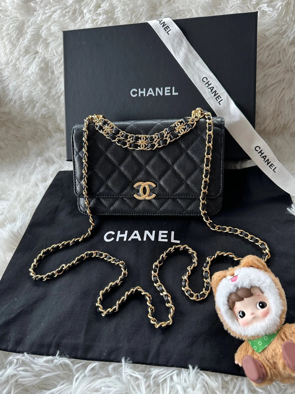 CHANEL Black Leather WOC Shoulder Handbag Crossbody For Women