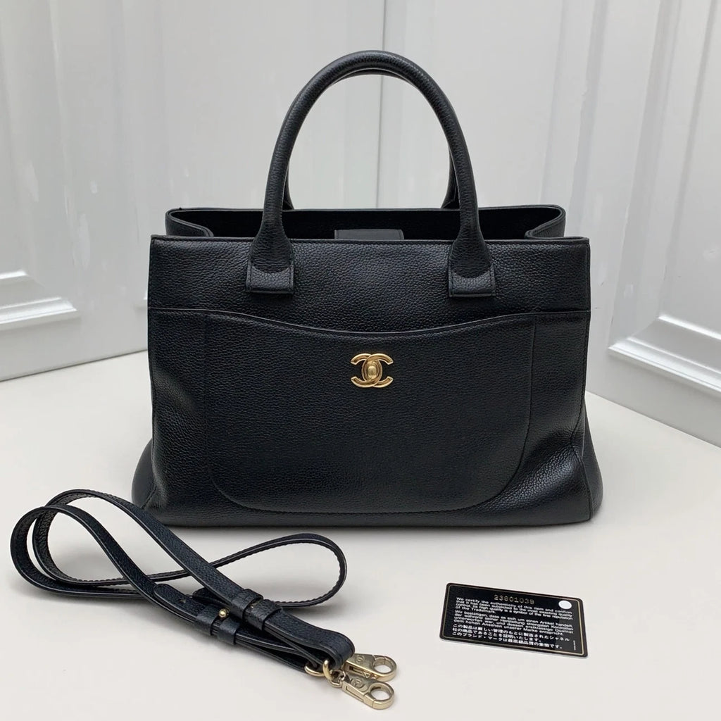 Chanel Tote 2-Way Top Handle Crossbody Black Gold Used Excellent
