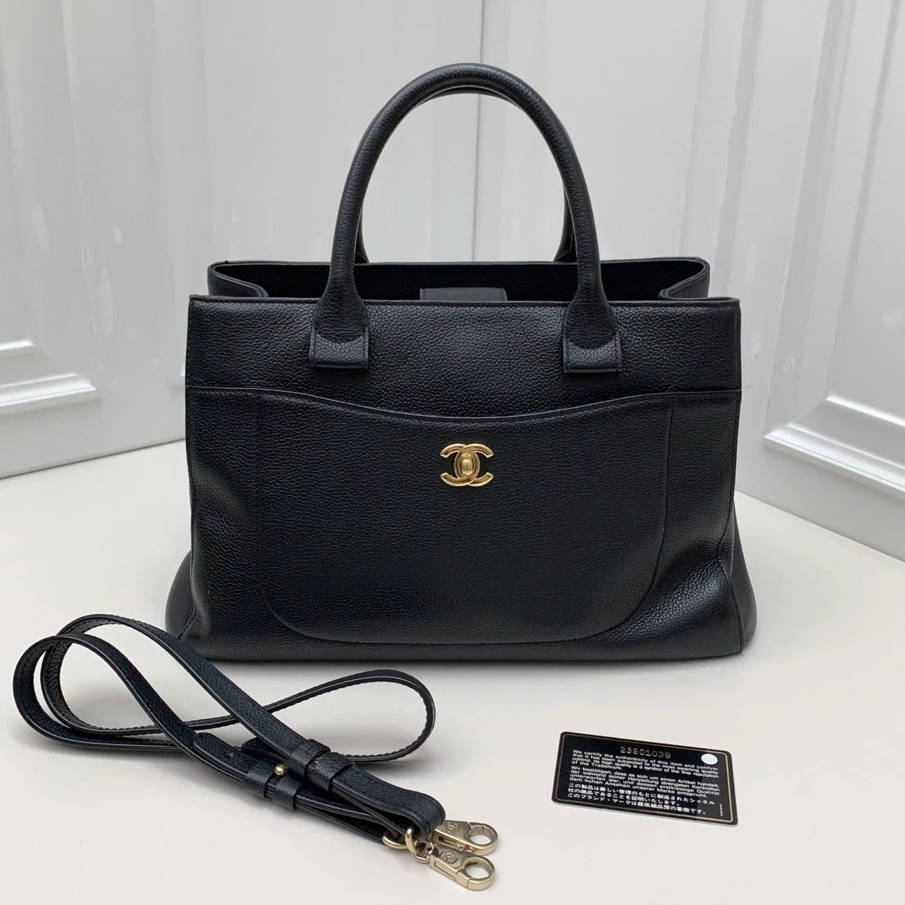 Chanel Tote 2-Way Top Handle Crossbody Black Gold Used Excellent