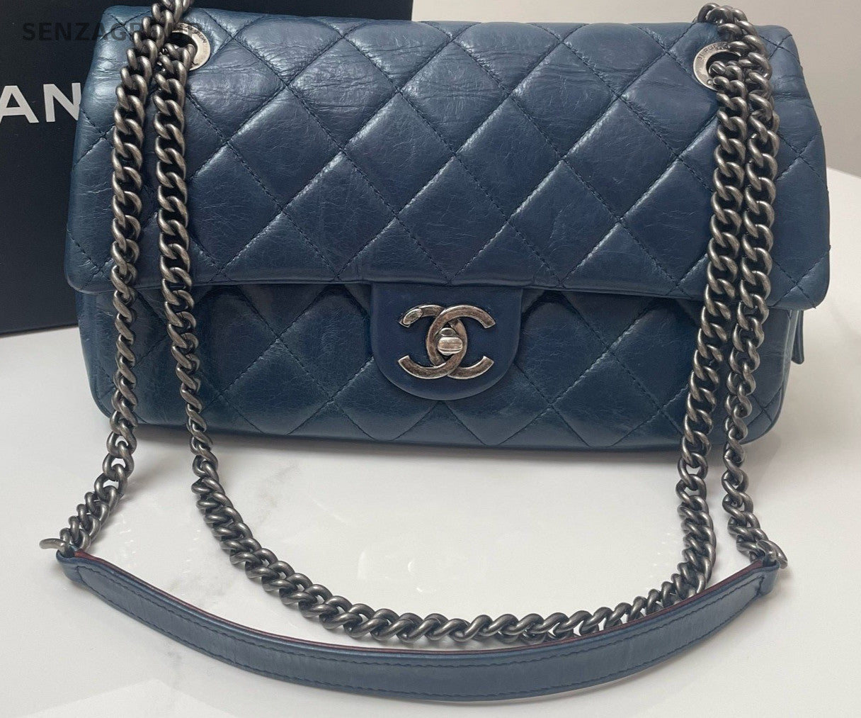 CHANEL Classic Flap Vintage Diamond Pattern Chain Shoulder bag Blue Silver