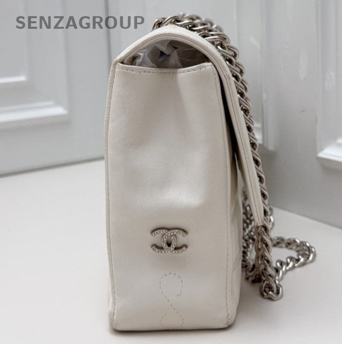 Chanel Chain 2Way Shoulder Bag Crossbody White Silver Used Women Classic