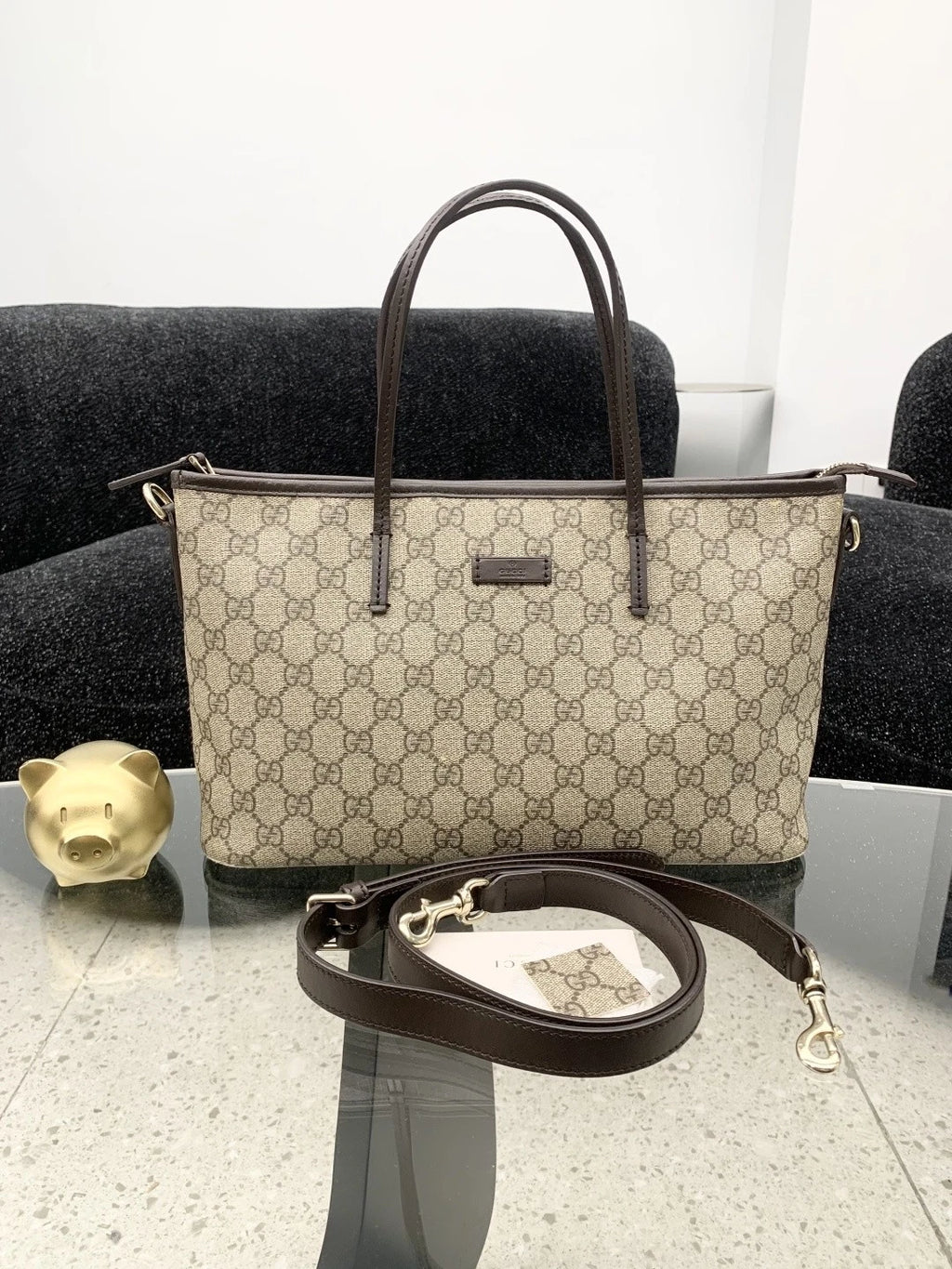 Gucci Tote PM Calfskin Monogram Shoulder Bag Brown Women Classic S