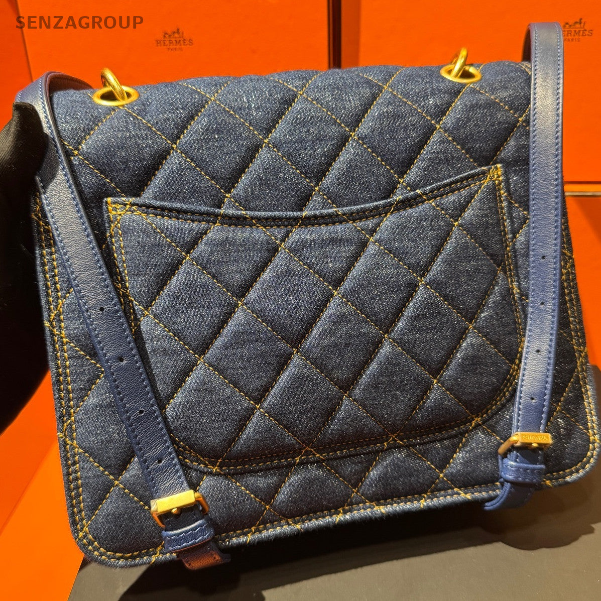 Chanel 23S Denim Quilted Crossbody Bag Blue Gold Women's Shoulder Bag