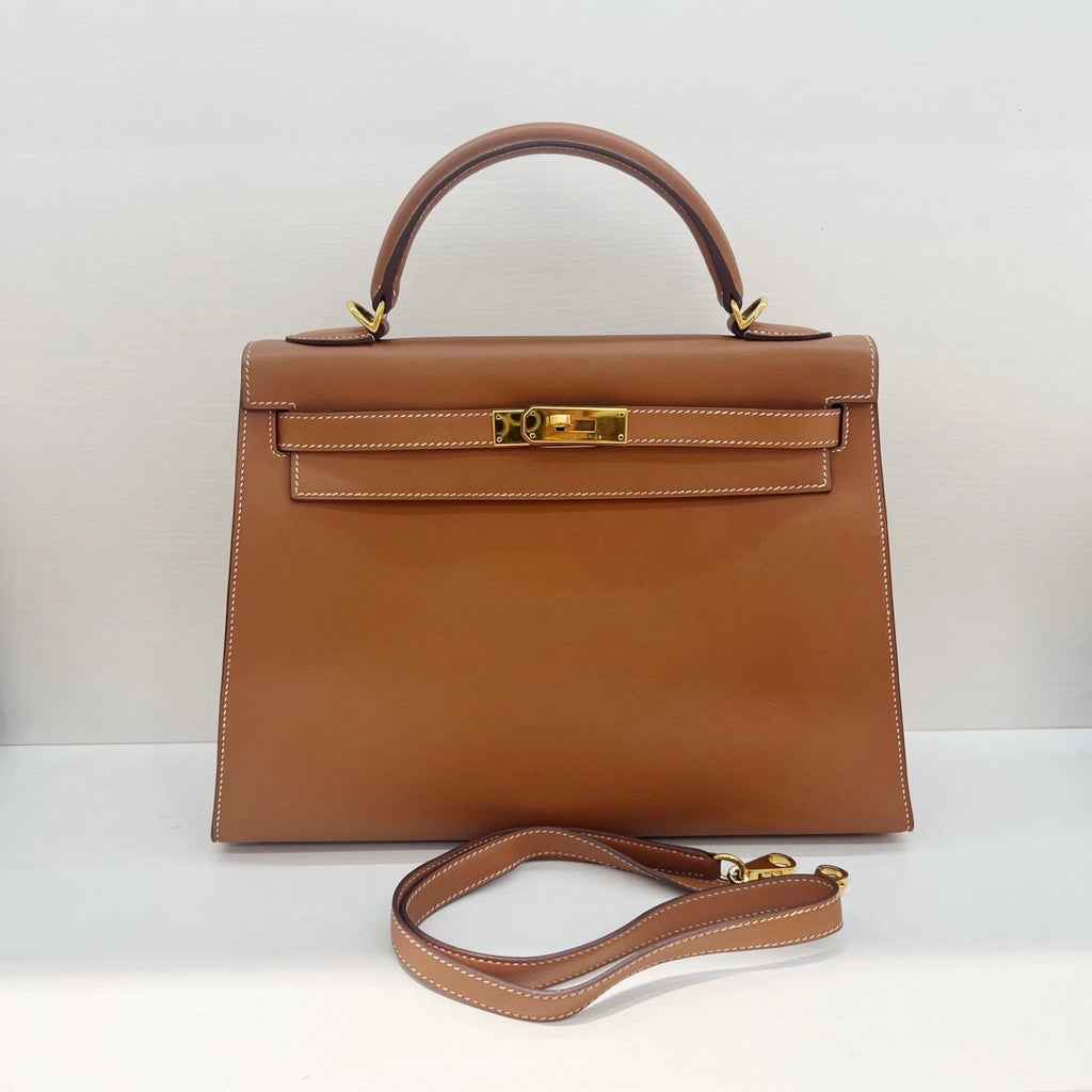 Hermes Kelly32 Top Handle Shoulder Bag Brown Gold Used Women Classic Fashion