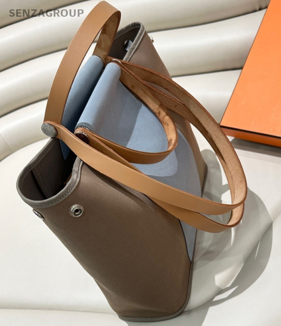 Hermès Canvas Leather Top Handle Shoulder Bag Women Gray