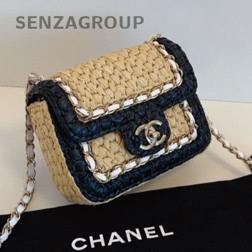 Chanel 24C Raffia Chain Shoulder Bag Crossbody Black Silver Used Women Classic