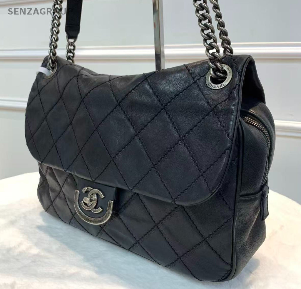 Chanel Edinburgh Calfskin Chain Shoulder Bag Diamond Black Silver Women Classic