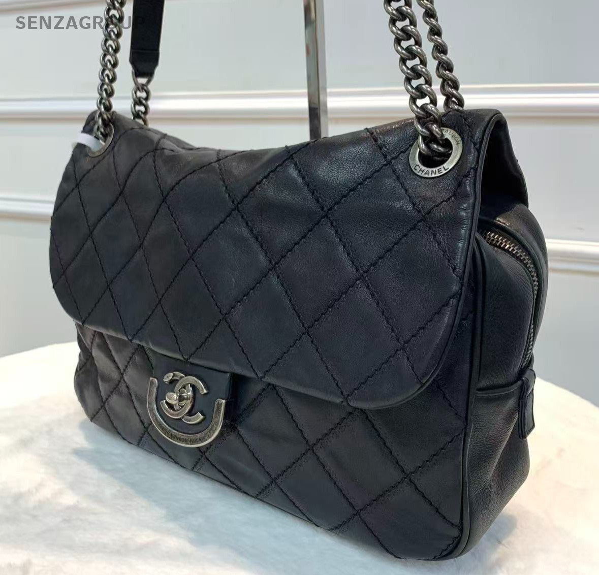 Chanel Edinburgh Calfskin Chain Shoulder Bag Diamond Black Silver Women Classic