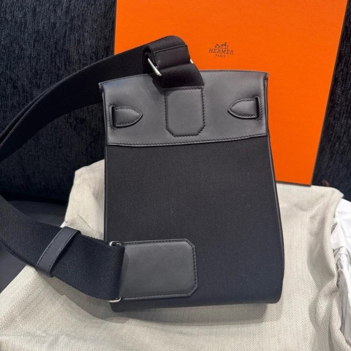 Hermes Hac Swift Canvas Shoulder Bag Black Silver Hardware Unisex D