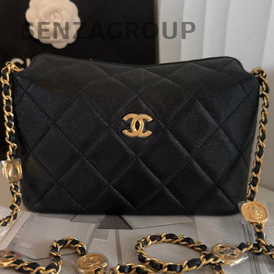 Chanel Quilted Black Gold Charm Chain Shoulder Crossbody Bag
