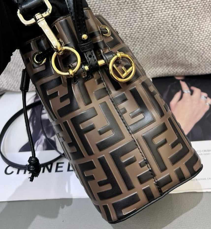 Fendi Mon Tresor Mini Bucket Top Handle Bag Crossbody Brown Gold Women Classic
