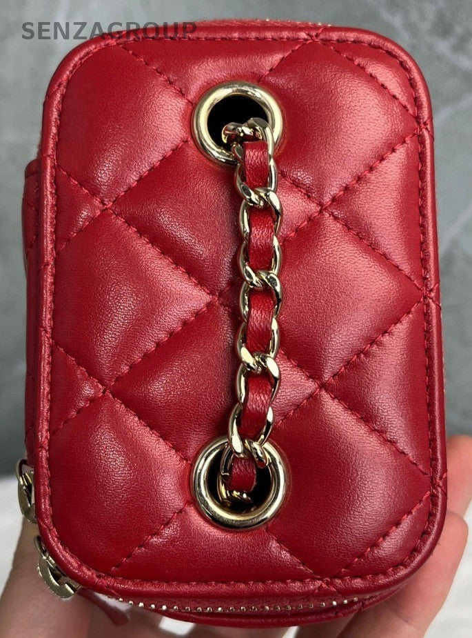 Chanel Lambskin Chain Shoulder Bag Crossbody Red Gold Used Women Classic
