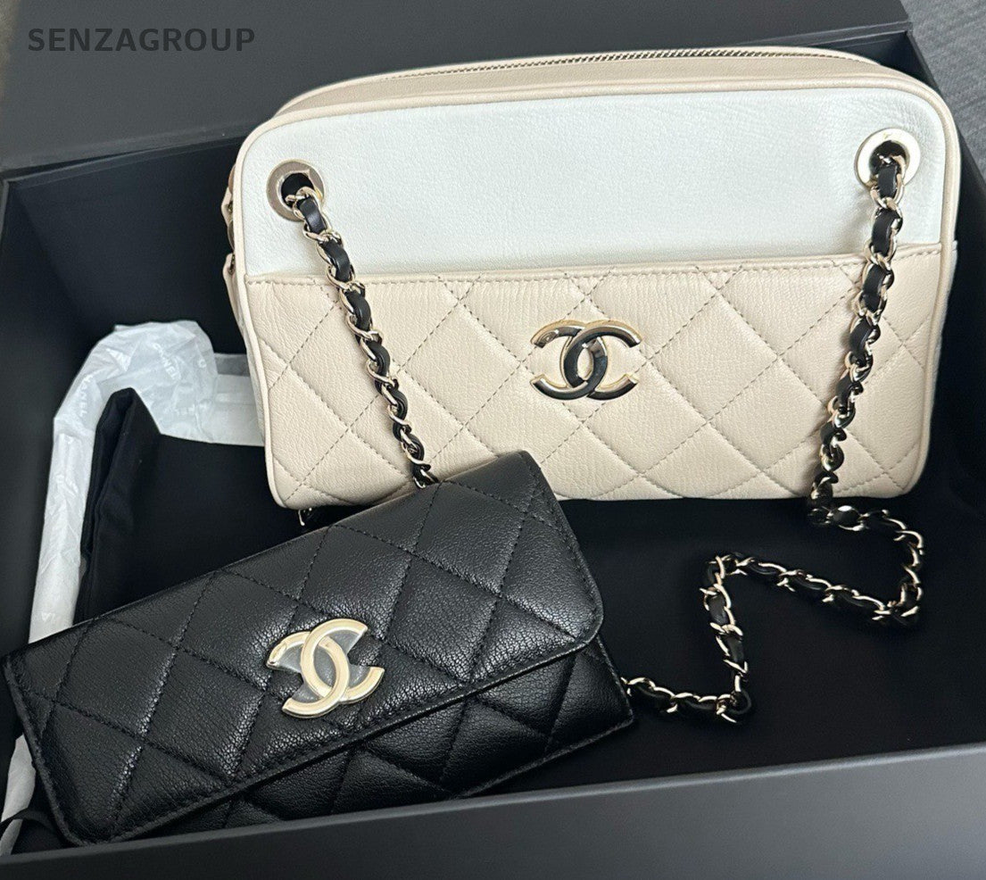 Chanel Diamond Chain Camera Bag Shoulder Bag Crossbody White Gold Women Classic