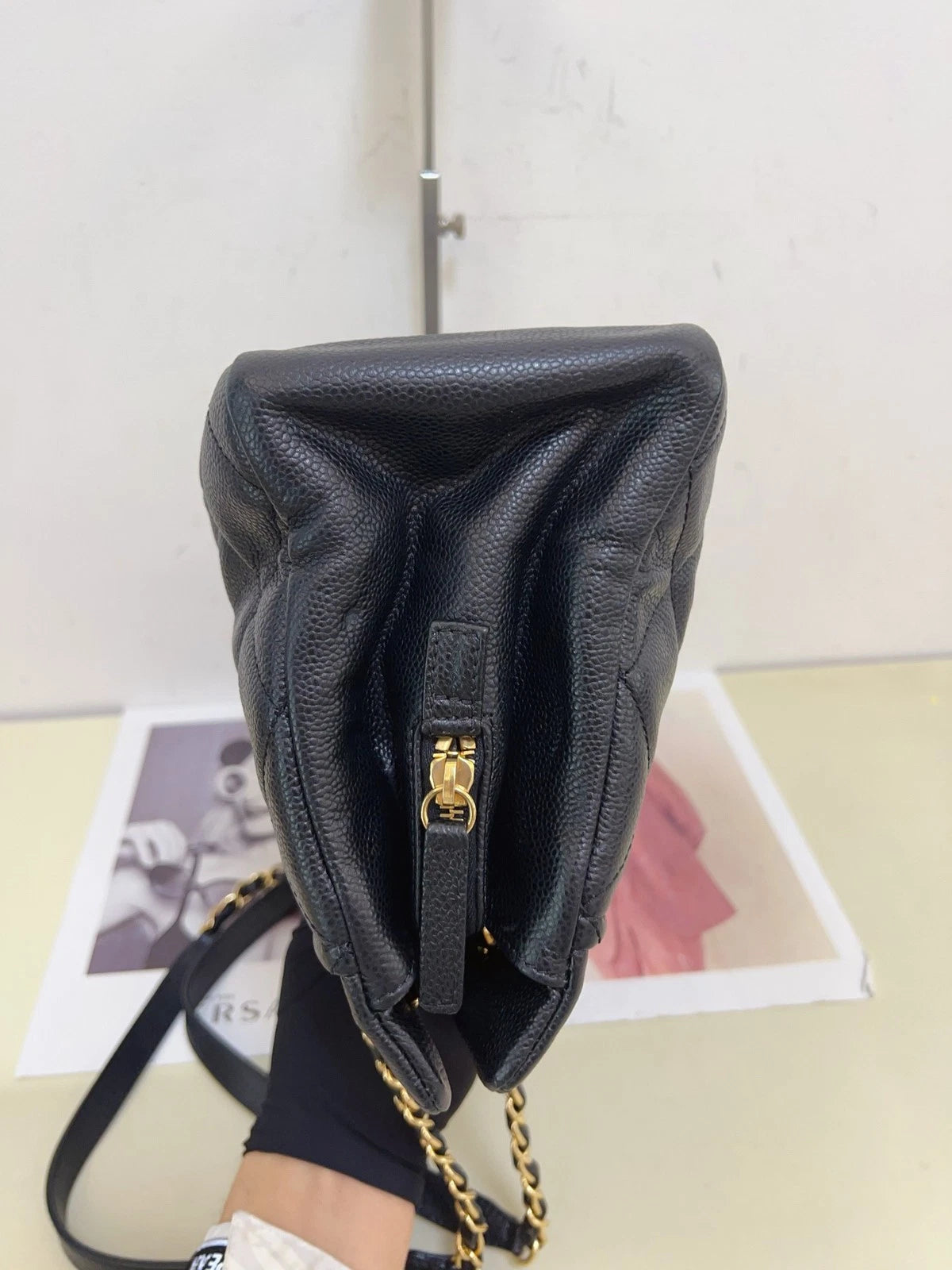 Chanel Diamond Chain Tote Shoulder Bag Black Gold Women CC Logo Classic