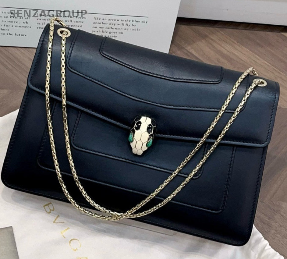 Bvlgari Serpenti Forever WOC MM Chain Shoulder Bag Crossbody Black Gold Women