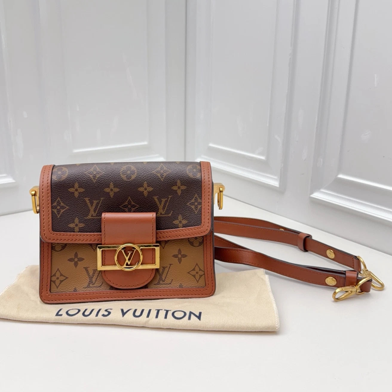 Louis Vuitton Dauphine PM Shoulder Bag Crossbody Brown Gold Excellent