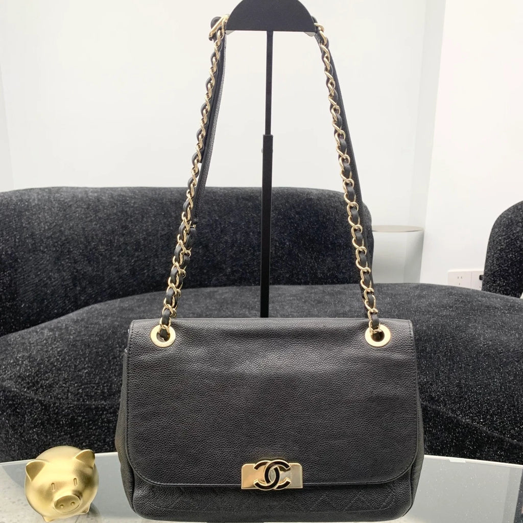 Chanel Calfskin Chain Shoulder Crossbody Bag Black Gold Women Classic S