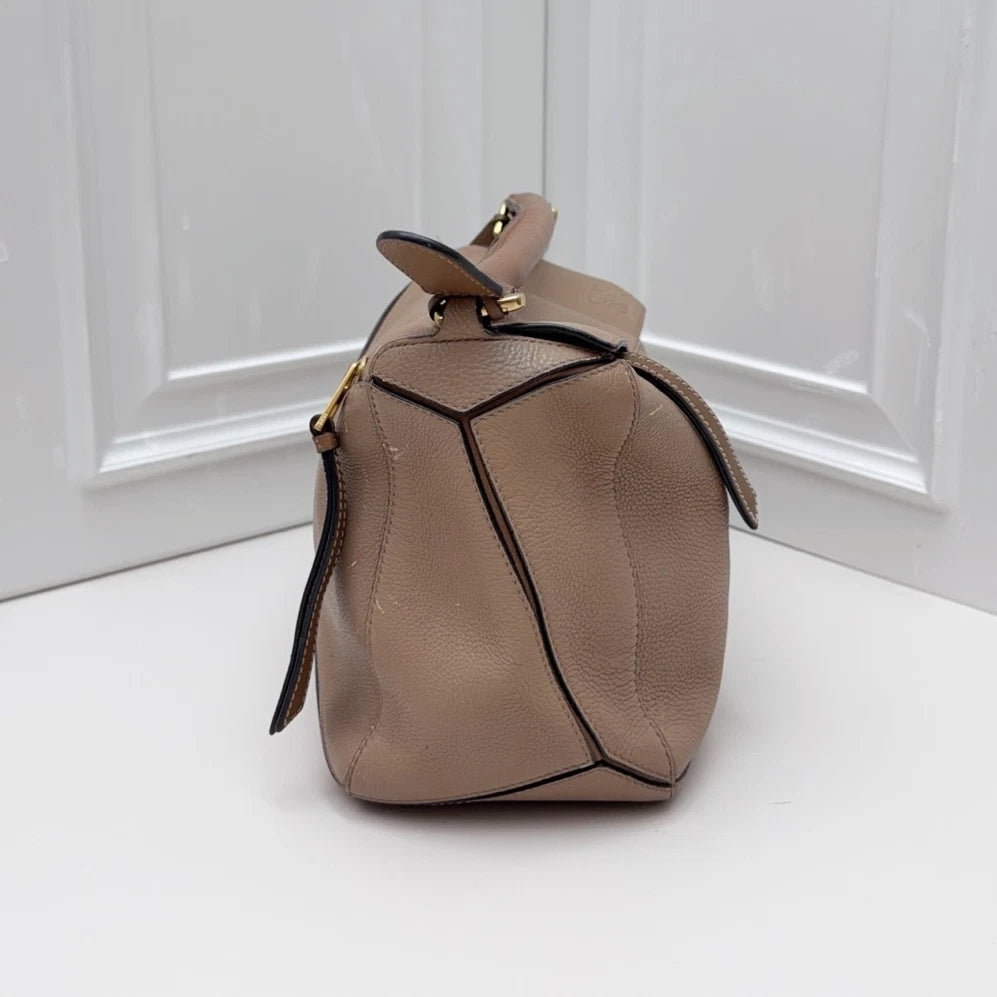 Loewe Puzzle Calfskin Top Handle Crossbody Bag Beige Gold Hardware Women