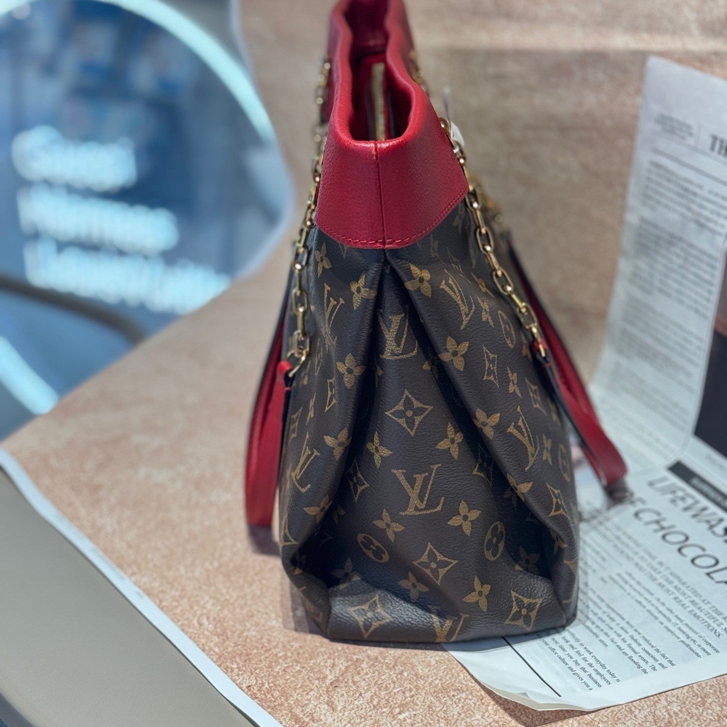 Louis Vuitton Pallas Tote Chain Monogram Shoulder Bag Brown Red Women Classic