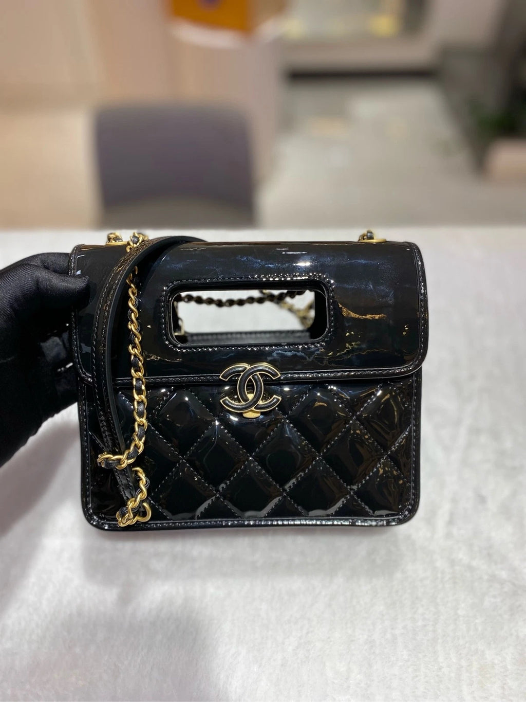 Chanel Patent Leather Square Handbag Shoulder Crossbody Bag Women