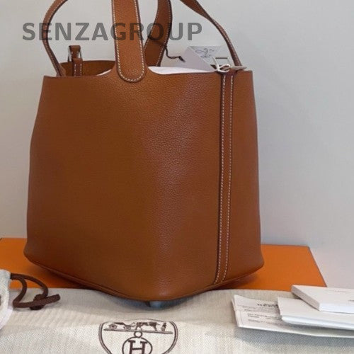 Hermes Picotin Lock Calfskin Silver Hardware Tote Bag Brown Used Women Classic
